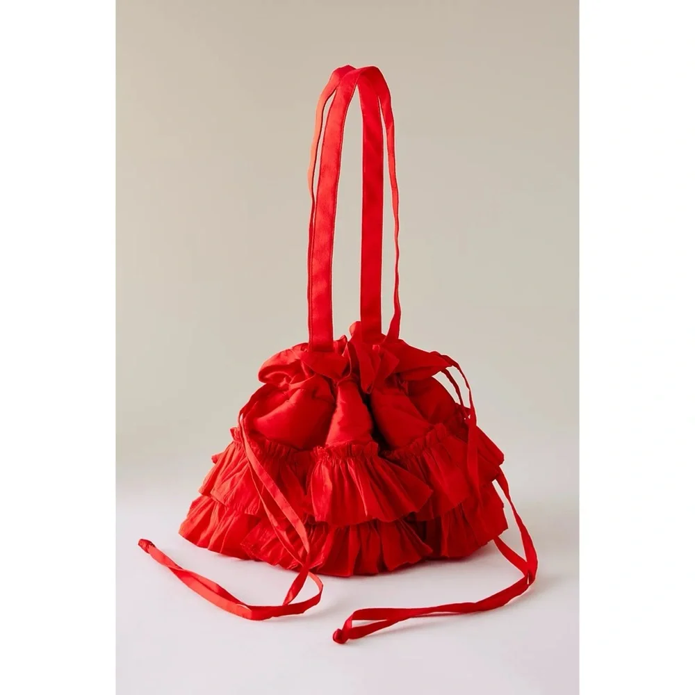 Anthropologie X Damson Madder Red Sita Frilly Pouch Bag OS Boho Cottage Prairie - Picture 3 of 10